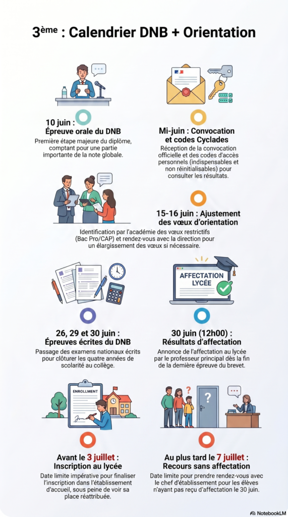 Calendrier des dates pour le DNB et l'orientation post-collège pour les élèves du collège Honoré de Balzac de Vénissieux.