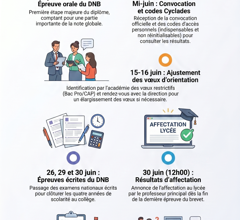 Calendrier des dates pour le DNB et l'orientation post-collège pour les élèves du collège Honoré de Balzac de Vénissieux.